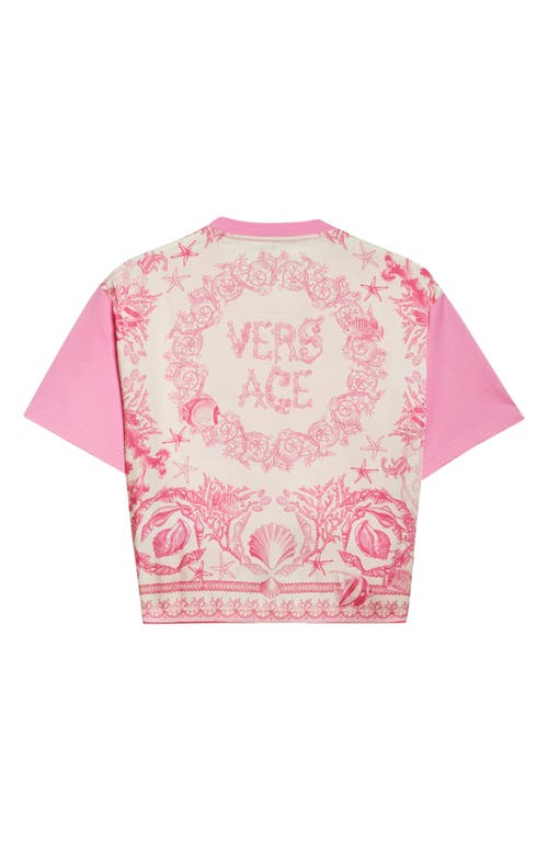 Versace Safety-pin Twisted Crop T-shirt With Underwater Barocco Silk Twill Back In Multi
