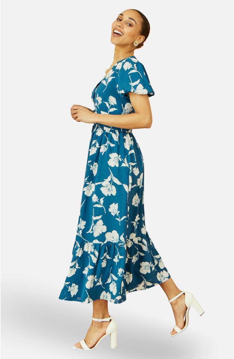 Yumi Floral Button Down Floral Midi Dress, Alternate, color, Teal
