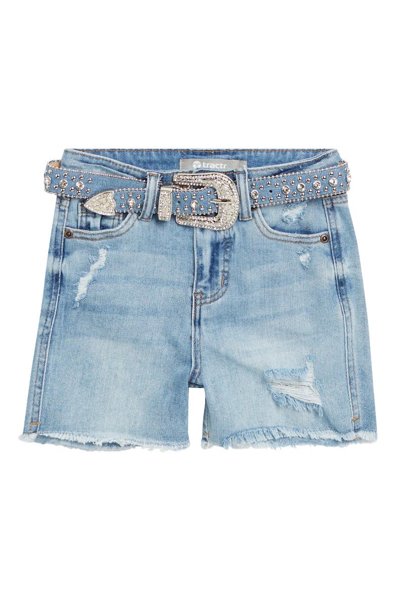 Tractr Kids' Emma Belted Western Fray Hem Denim Shorts, Main, color, Medium Indigo