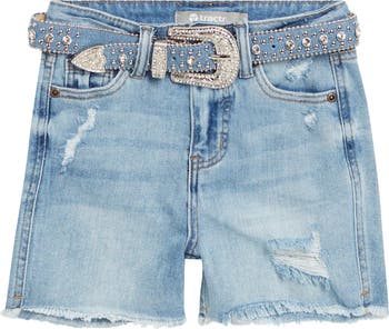 Kids' Emma Belted Western Fray Hem Denim Shorts