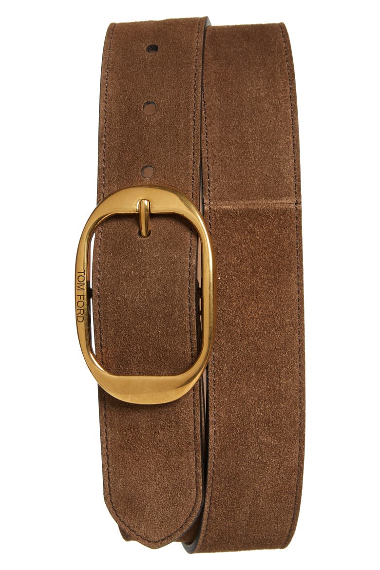 Oval Buckle Suede Belt, Main, color, TOBACCO