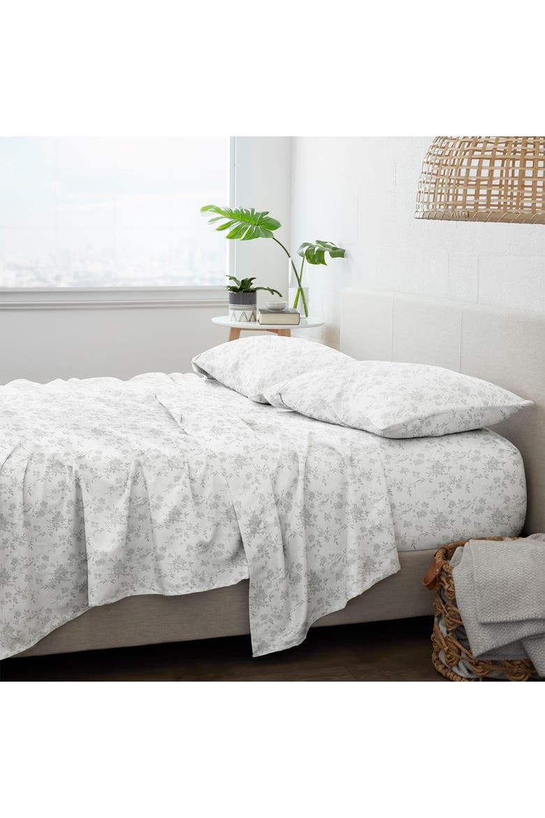 HOME SPUN Premium Sylvan Rose 4-Piece Flannel Bed Sheet Set, Alternate, color, GRAY