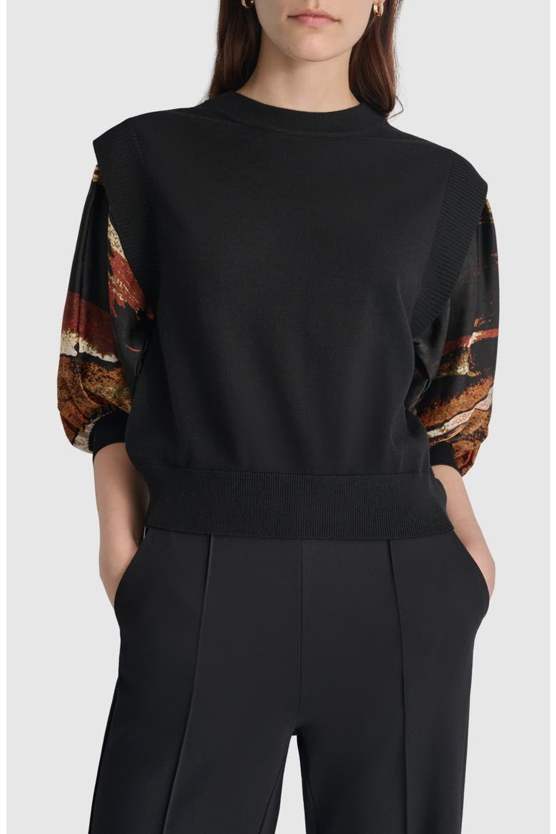 Print Sleeve Mixed Media Sweater, Main, color, BLACK/ PAINT STROKE