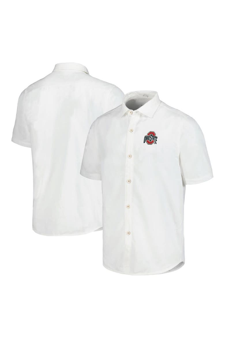 Men's Tommy Bahama White Ohio State Buckeyes Coconut Point Palm Vista IslandZone Camp Button-Up Shirt, Main, color, White