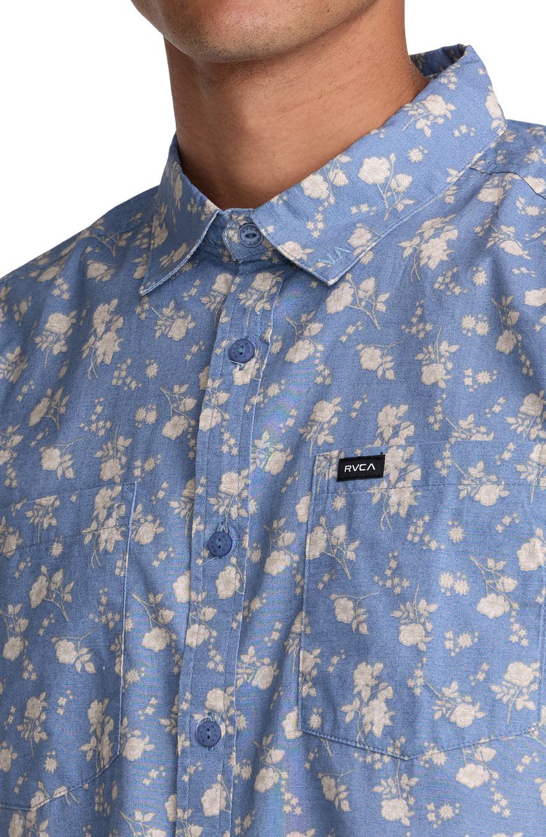 RVCA Breezy Floral Short Sleeve Button-Up Shirt, Alternate, color, Vintage Blue