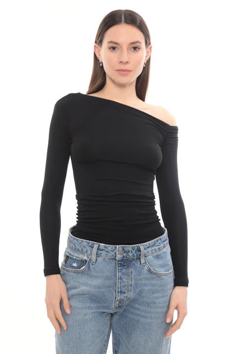 Asymmetric Off Shoulder Long Sleeve Stretch Lune Top