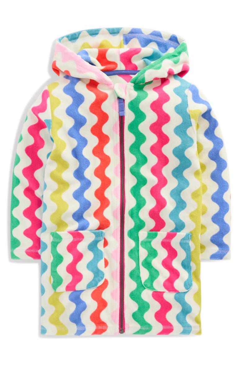 Mini Boden Kids' Romie Print Terry Hooded Cover-Up Dress, Main, color, Multi Rainbow Wave