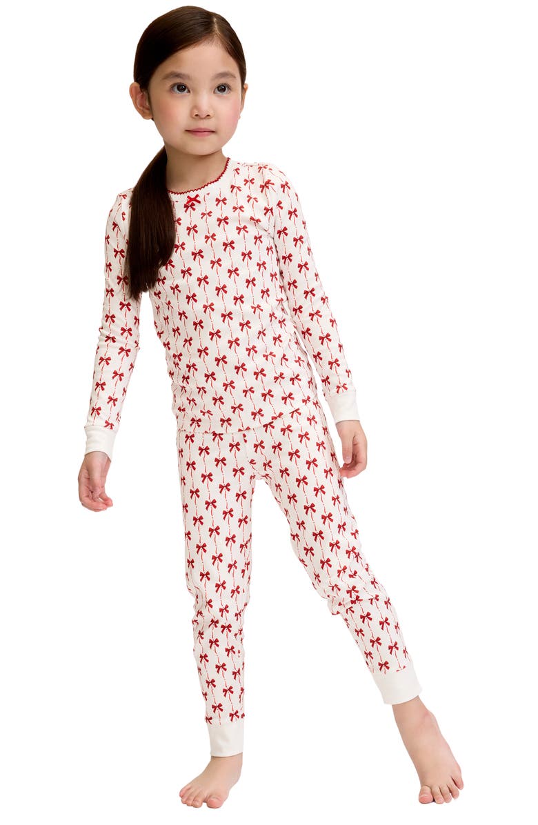 Petite Plume Kids' Blissful Bows Fitted Two-Piece Pima Cotton Pajamas, Main, color, Red