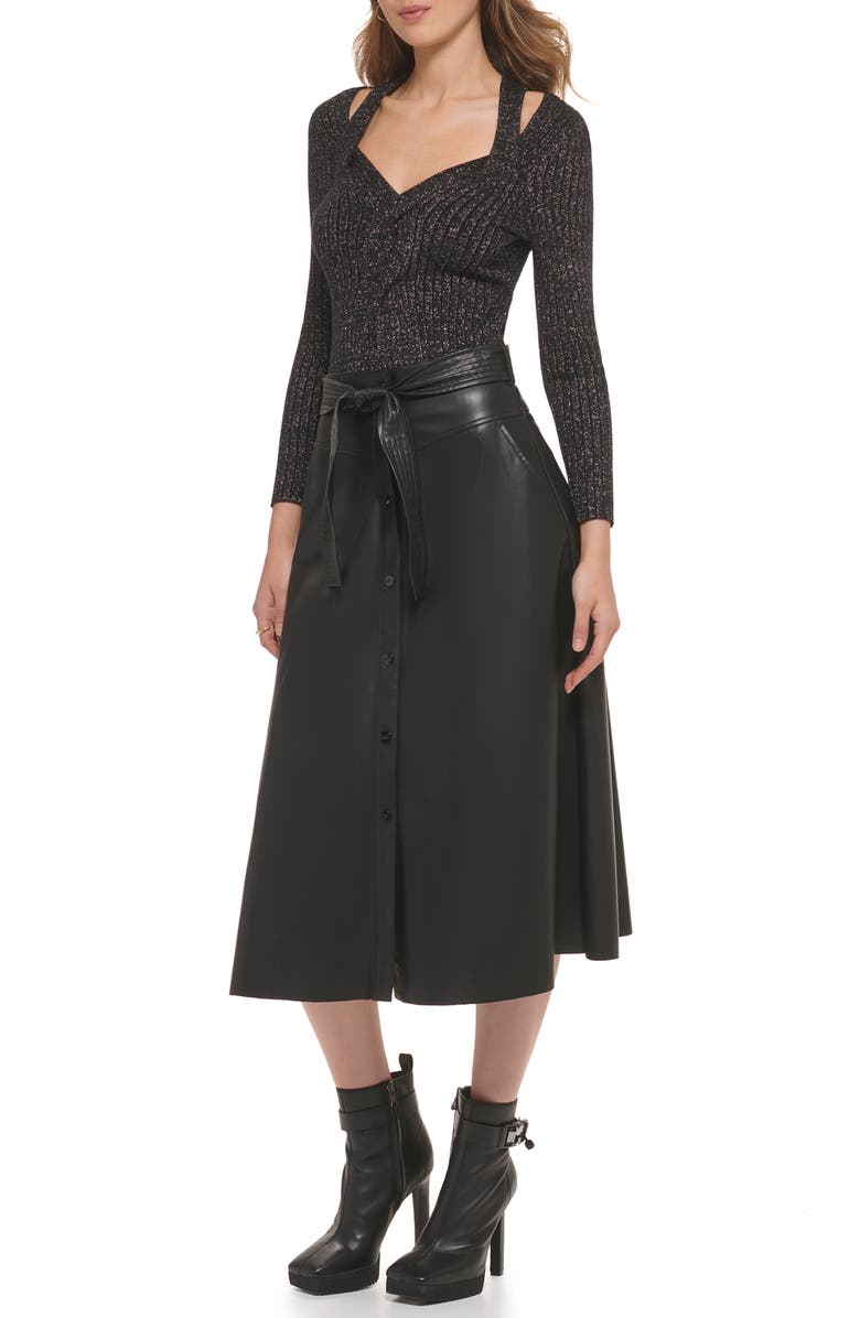 DKNY Button Front Tie Waist Faux Leather Midi Skirt, Alternate, color, 