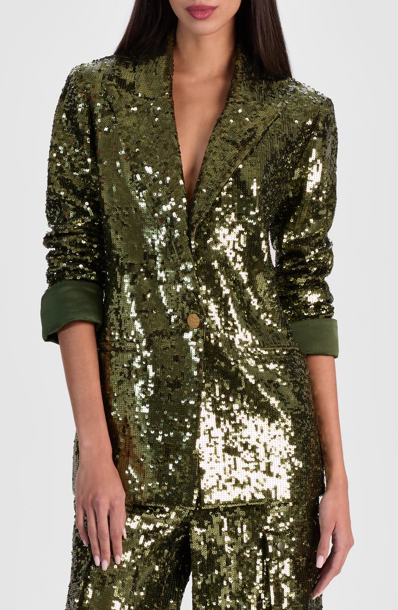 Alice + Olivia Quincy Oversized Sequin Blazer, Main, color, Dark Olive