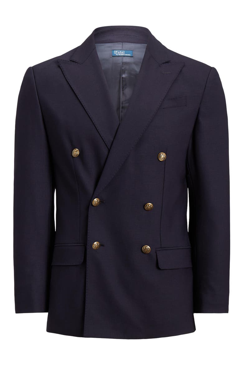 Double Breasted Stretch Wool Jacket, Alternate, color, NAVY