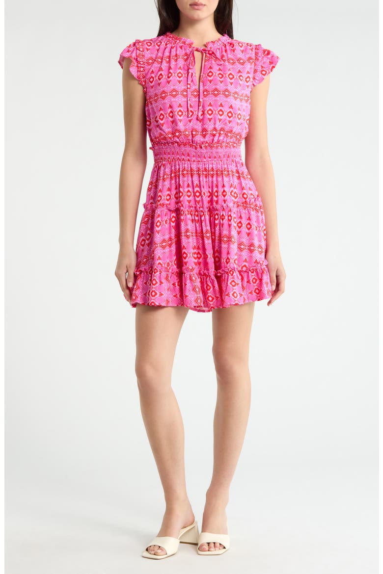 Mirany Ikat Toledo Tiered Minidress, Main, color, FUSCHIA MULTI