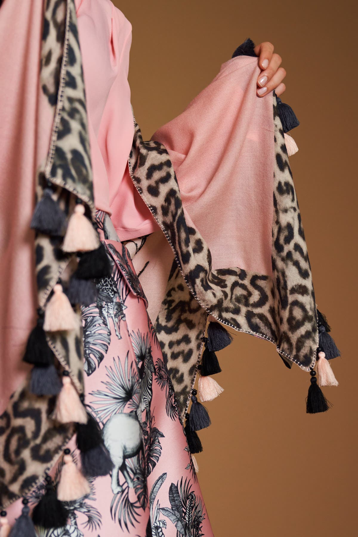 Maison Common Printed And Embroidered Scarf With Tassels in safari ...