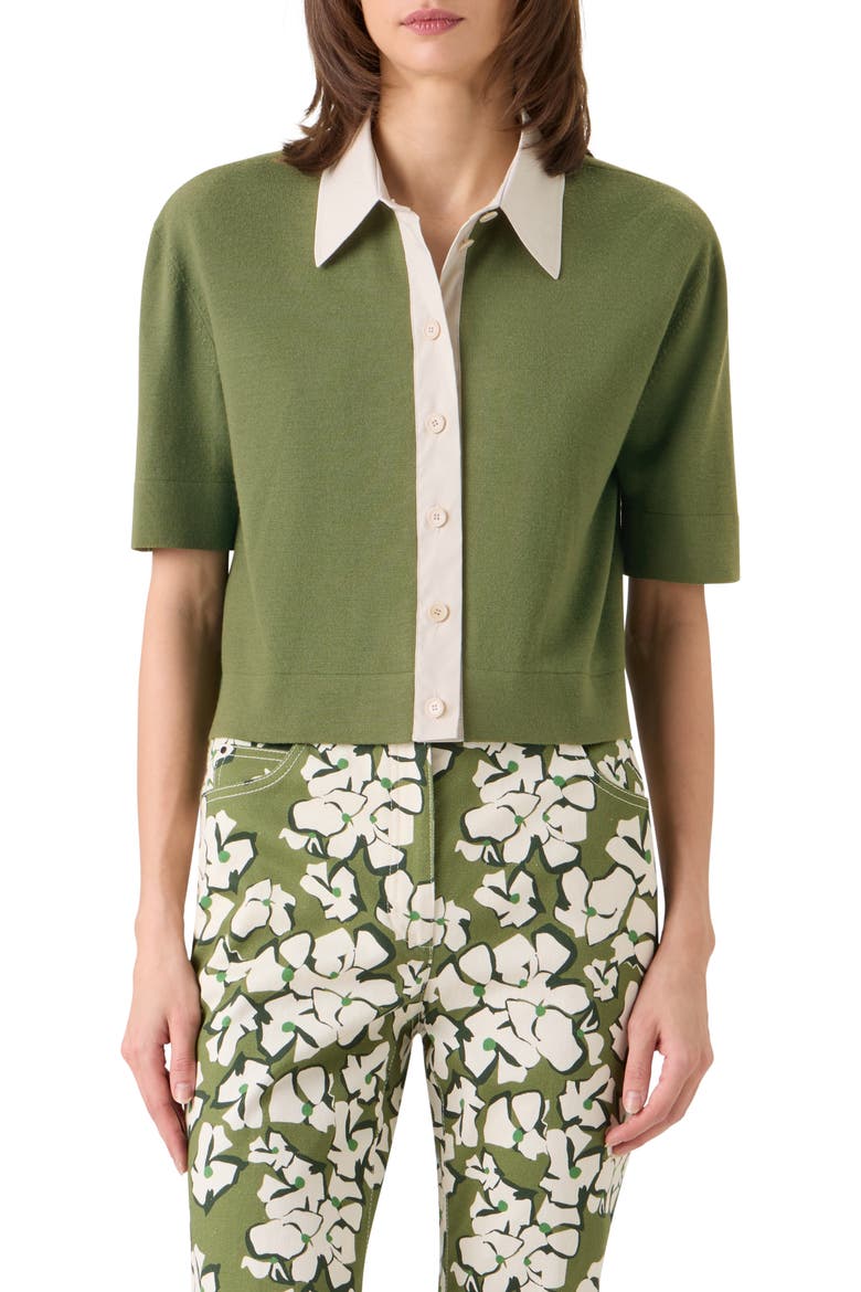 Relaxed Fit Short Sleeve Virgin Merino Wool Cardigan, Main, color, GREEN TEA-IVORY