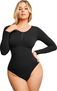 Popilush Shapewear Seamless Modal Long Sleeve Henley Bodysuit