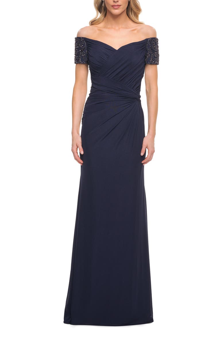 Net Jersey Long Gown with Exquisite Beaded Design, Main, color, Navy