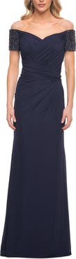La Femme Net Jersey Long Gown with Exquisite Beaded Design