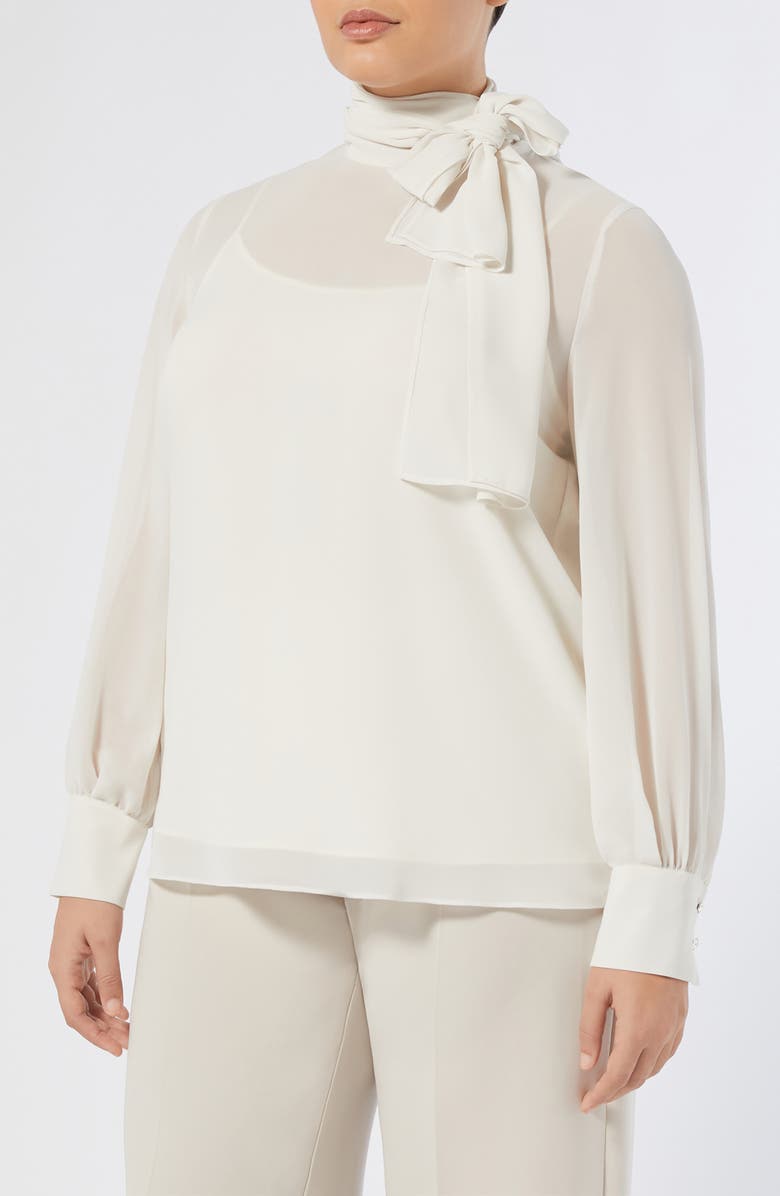 Marina Rinaldi Kelly Tie Neck Tunic Shirt, Main, color, Ivory