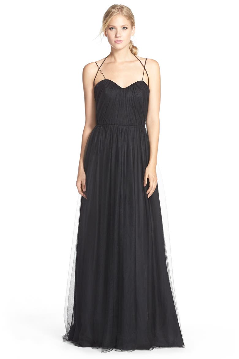 Dropped Back Pleat English Net A-Line Gown, Main, color, INK