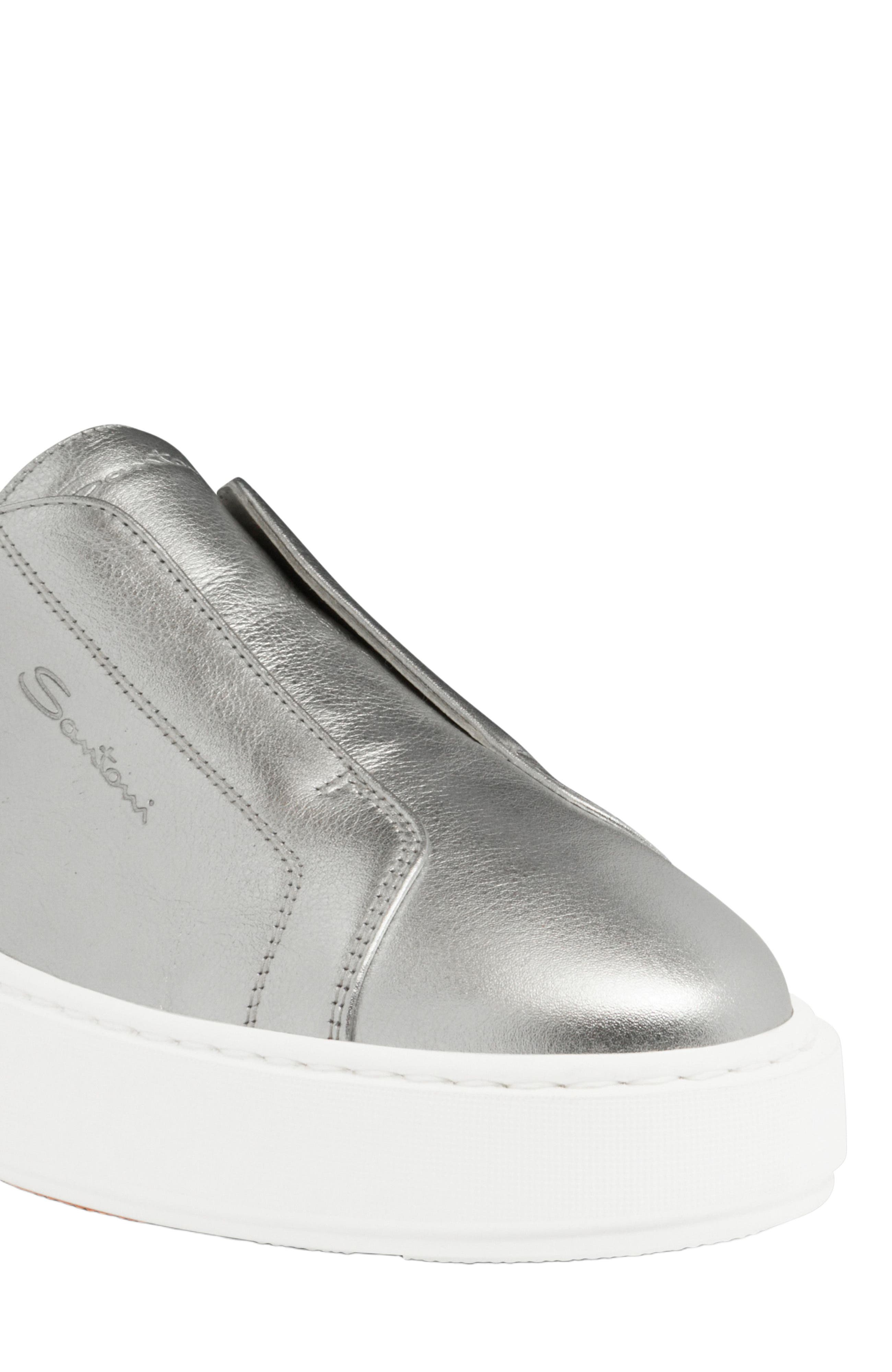 Santoni Women
s silver laminated leather slip-on sneaker, Alternate, color, Silver