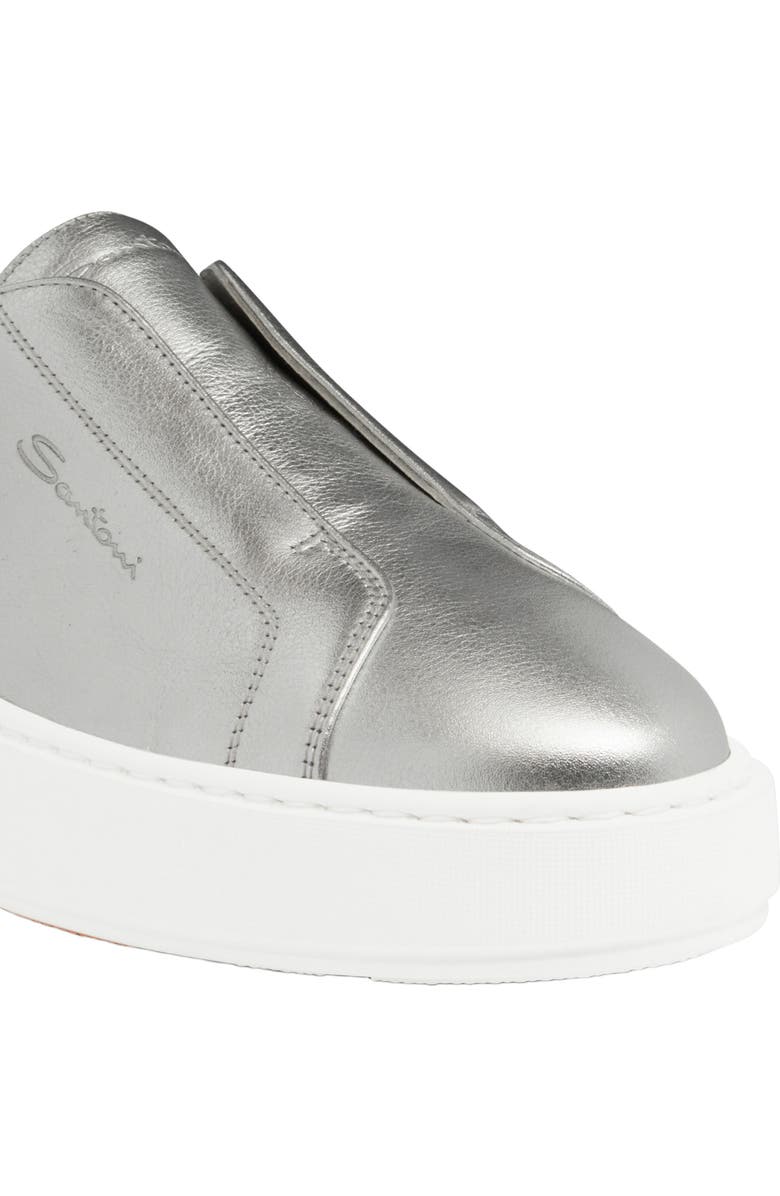 Santoni Women
s silver laminated leather slip-on sneaker, Alternate, color, Silver