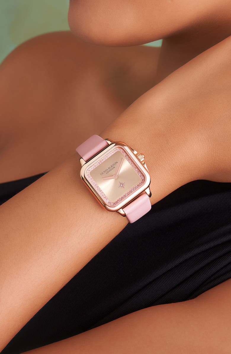 Olivia Burton Grosvenor Leather Strap Watch, 28mm, Alternate, color, Rose