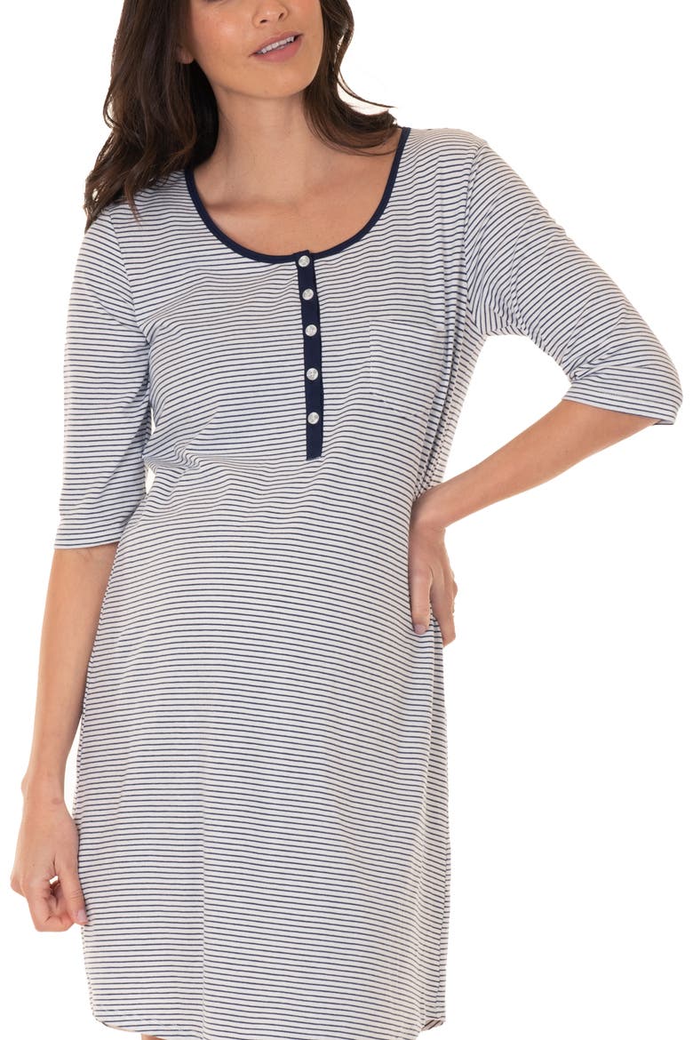 Maternity/Nursing Sleep Dress, Alternate, color, WHITE/ NAVY STRIPES