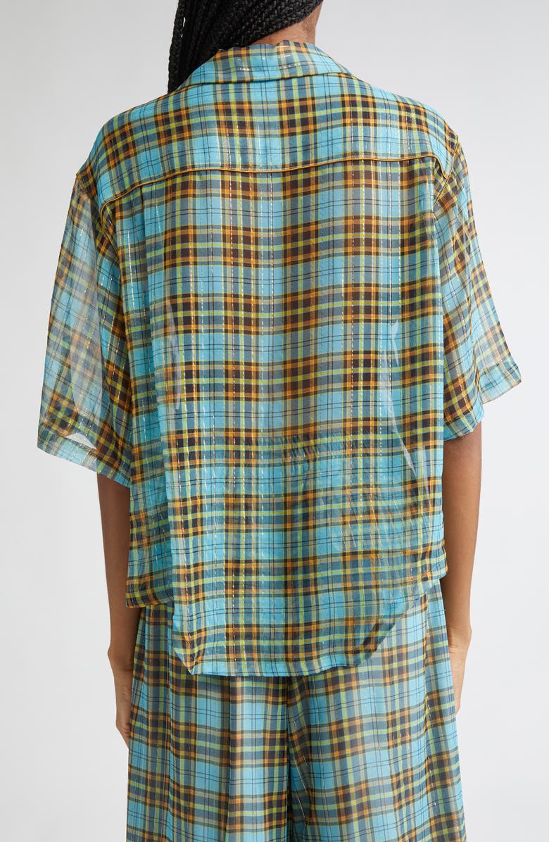 Undercover Metallic Stripe Plaid Silk Blend Camp Shirt, Alternate, color, Blue Check