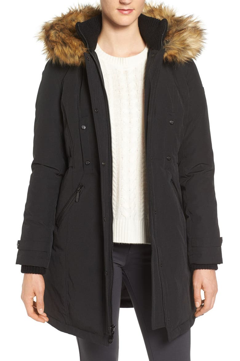 Faux Fur Trim Down & Feather Fill Parka, Main, color, BLACK
