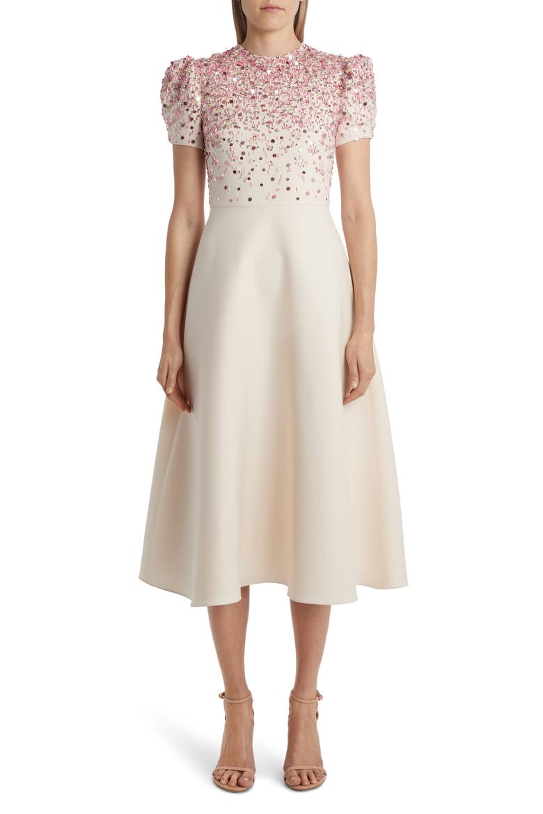 Embroidered A-Line Midi Dress, Main, color, AVORIO/ ARGENTO
