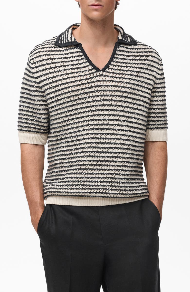 MANGO Stripe Open Stitch Cotton Polo, Main, color, Black