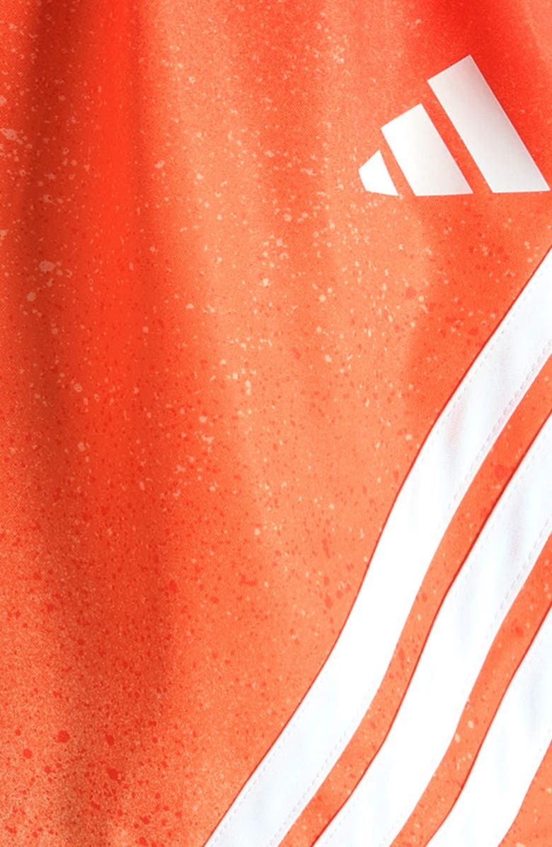 adidas Kids' 3-Stripes Spray Painted Stretch Twill Shorts, Alternate, color, Medium Orange