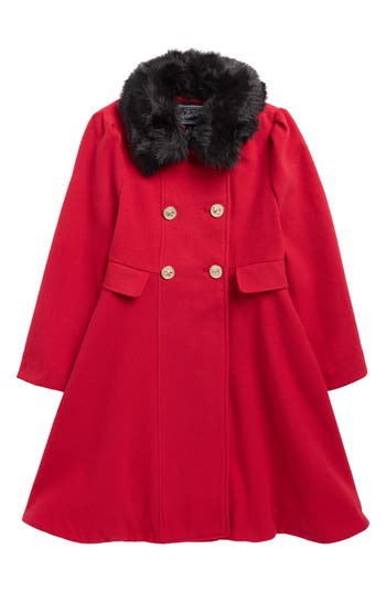 Rothschild Kids' Princess Faux Fur Collar Double Breasted Tweed Coat In Red