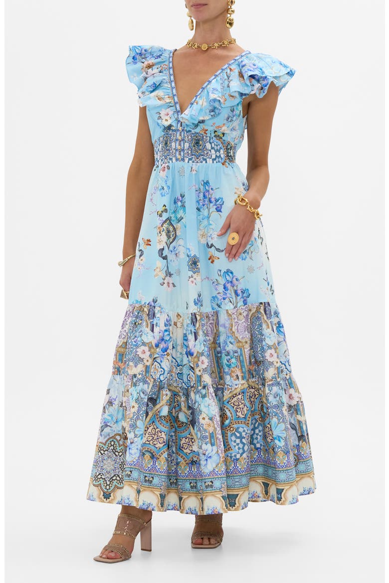 Al Manial Palace Memoirs Ruffle Neck Cotton Tiered Maxi Dress, Alternate, color, AL MANIAL PALACE MEMOIRS