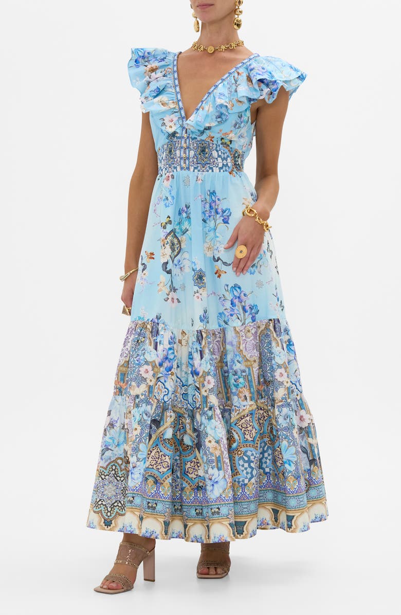 Camilla Al Manial Palace Memoirs Ruffle Neck Cotton Tiered Maxi Dress, Alternate, color,
