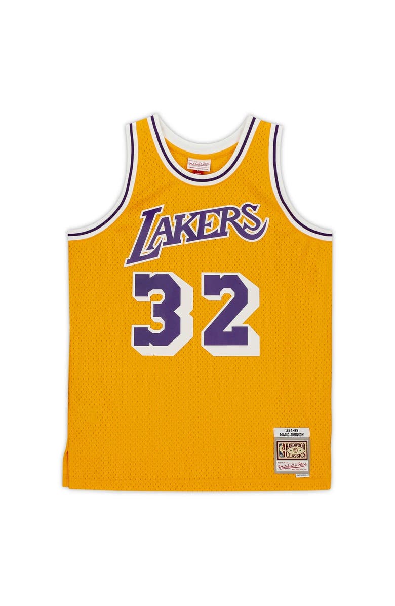 FANATICS AUTHENTIC Magic Johnson Los Angeles Lakers Autographed Gold Mitchell & Ness Hardwood Classics Swingman Jersey, Alternate, color, 