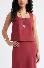 Open Edit Square Neck Sleeveless Linen Blend Top