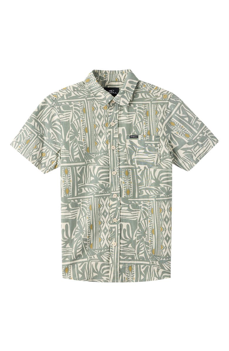O'Neill Kids' Oasis Palm Tree Print Short Sleeve Button-Up Shirt, Main, color, Sage
