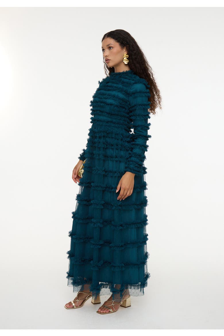 Modest Ruffle Dress Maxi With Flowey bottom, Alternate, color, EMERALD GREEN