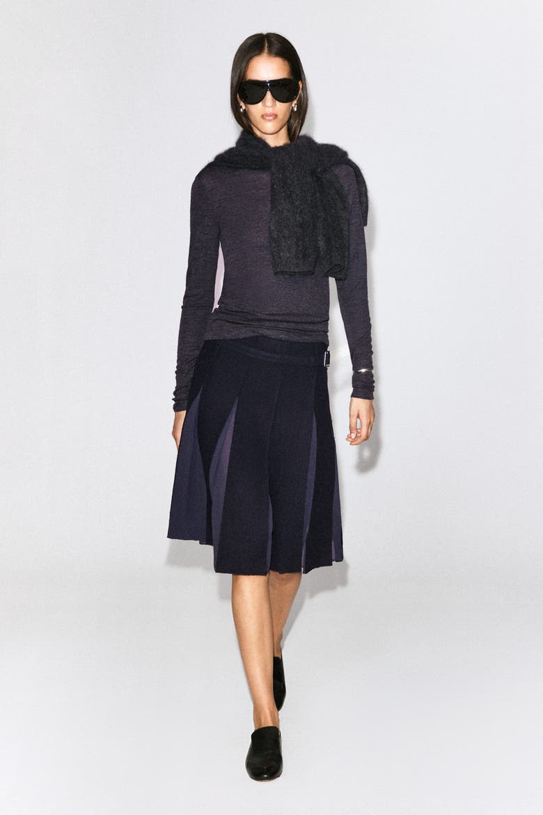 Belted Pleated Wool-Blend Skirt, Alternate, color, NAVY