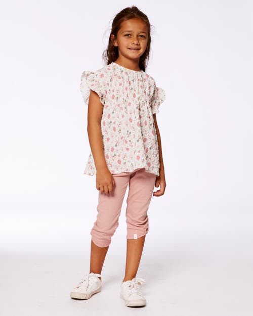 DEUX PAR DEUX DEUX PAR DEUX GIRL'S PRINTED SEERSUCKER BLOUSE WITH FRILLS PINK FLOWERS ON CREAM BACKGROUND 