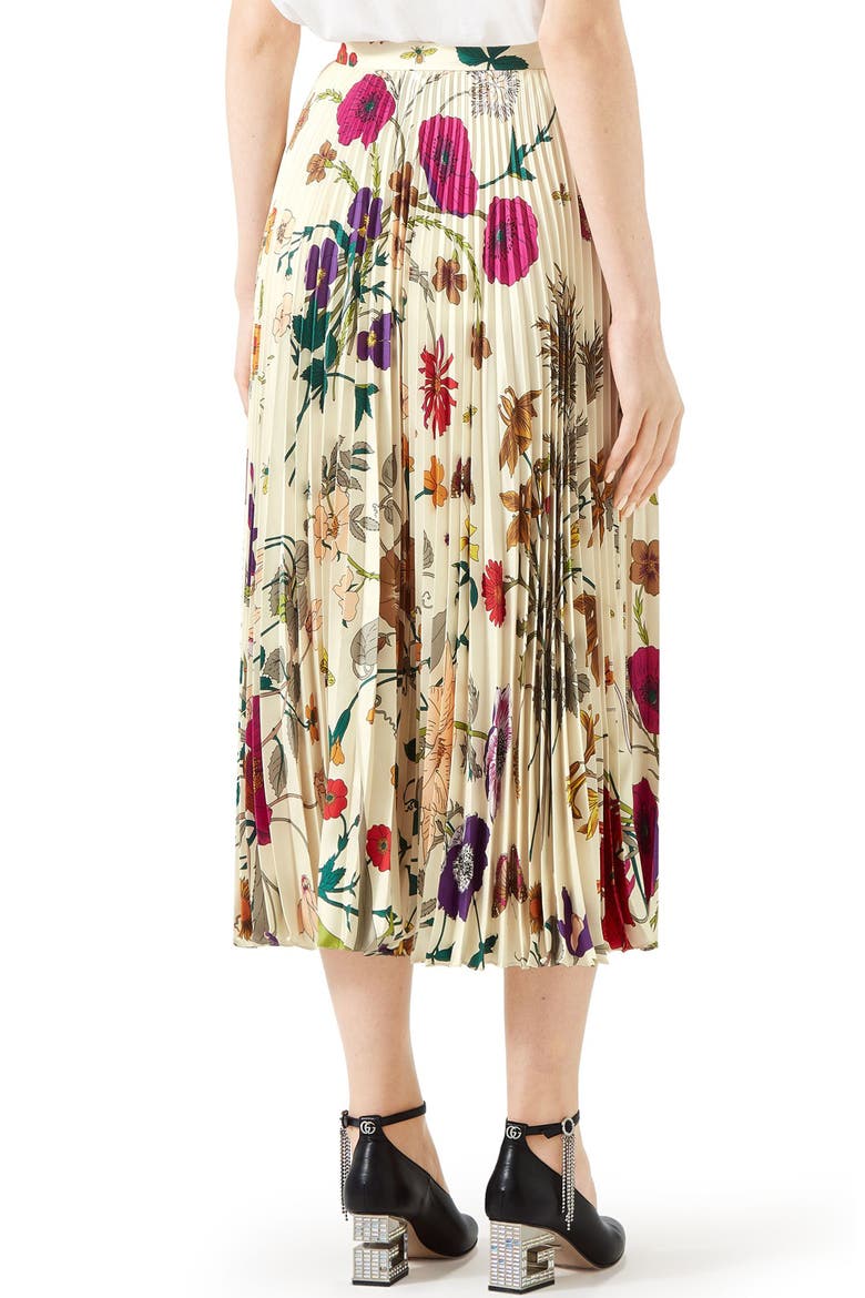 Gothic Floral Print Pleated Silk Twill Midi Skirt, Alternate, color, IVORY PRINTED
