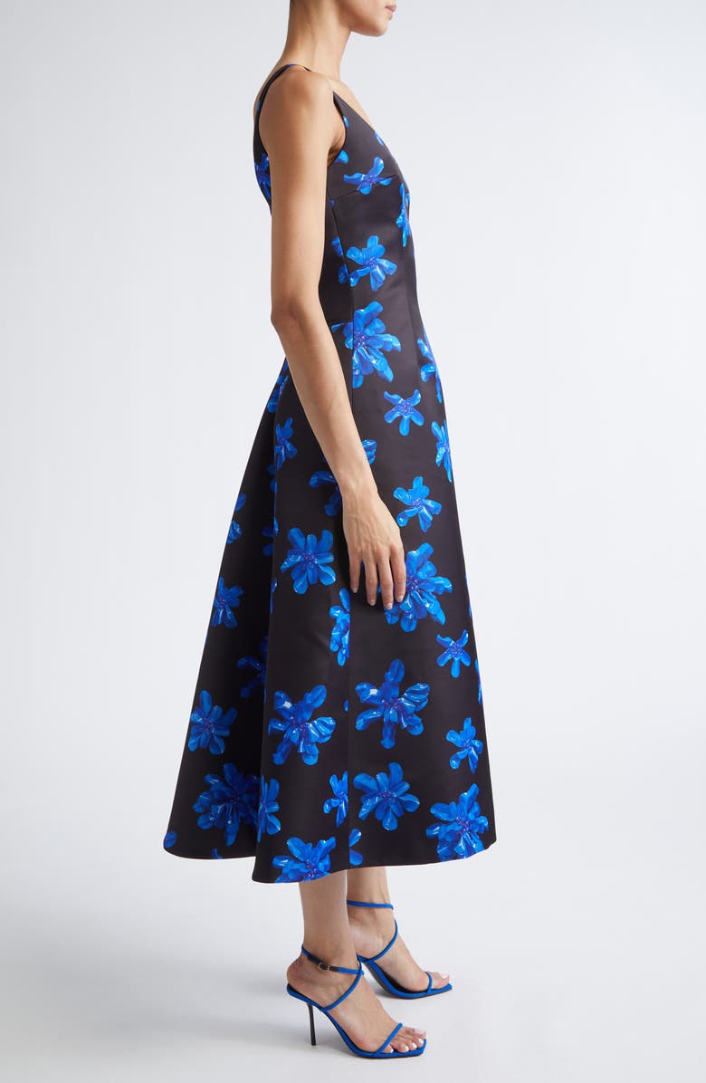 Emilia Wickstead Tippi Floral Genzianella Fit & Flare Midi Dress, Alternate, color, Electric Blue Floral On Black