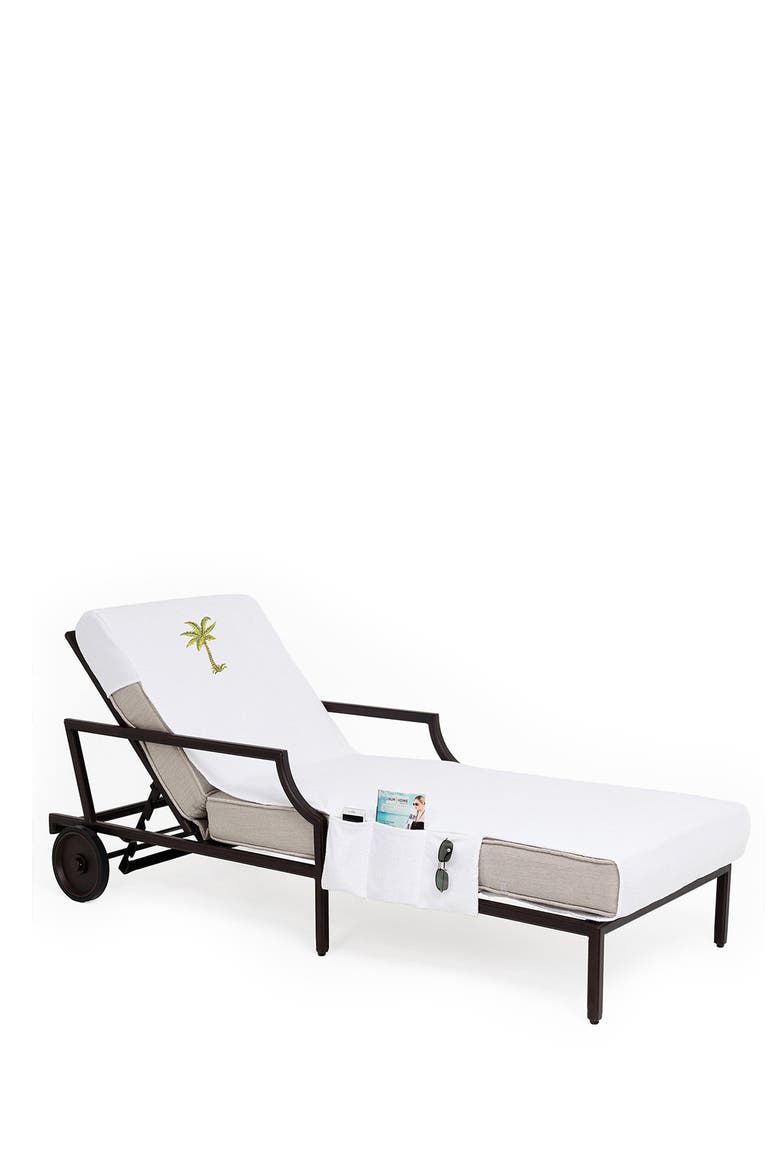 100% Turkish Cotton Palm Tree Embroidered Standard Size Chaise Lounge Cover With Side Pockets - White, Alternate, color, WHITE