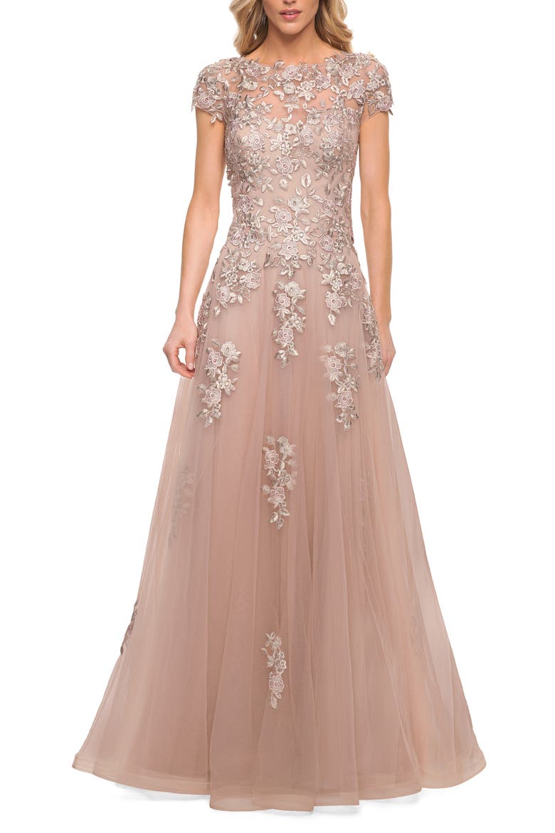 Cap Sleeve Tulle Gown, Main, color, BLUSH