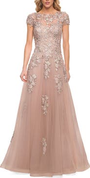La Femme Cap Sleeve Tulle Gown