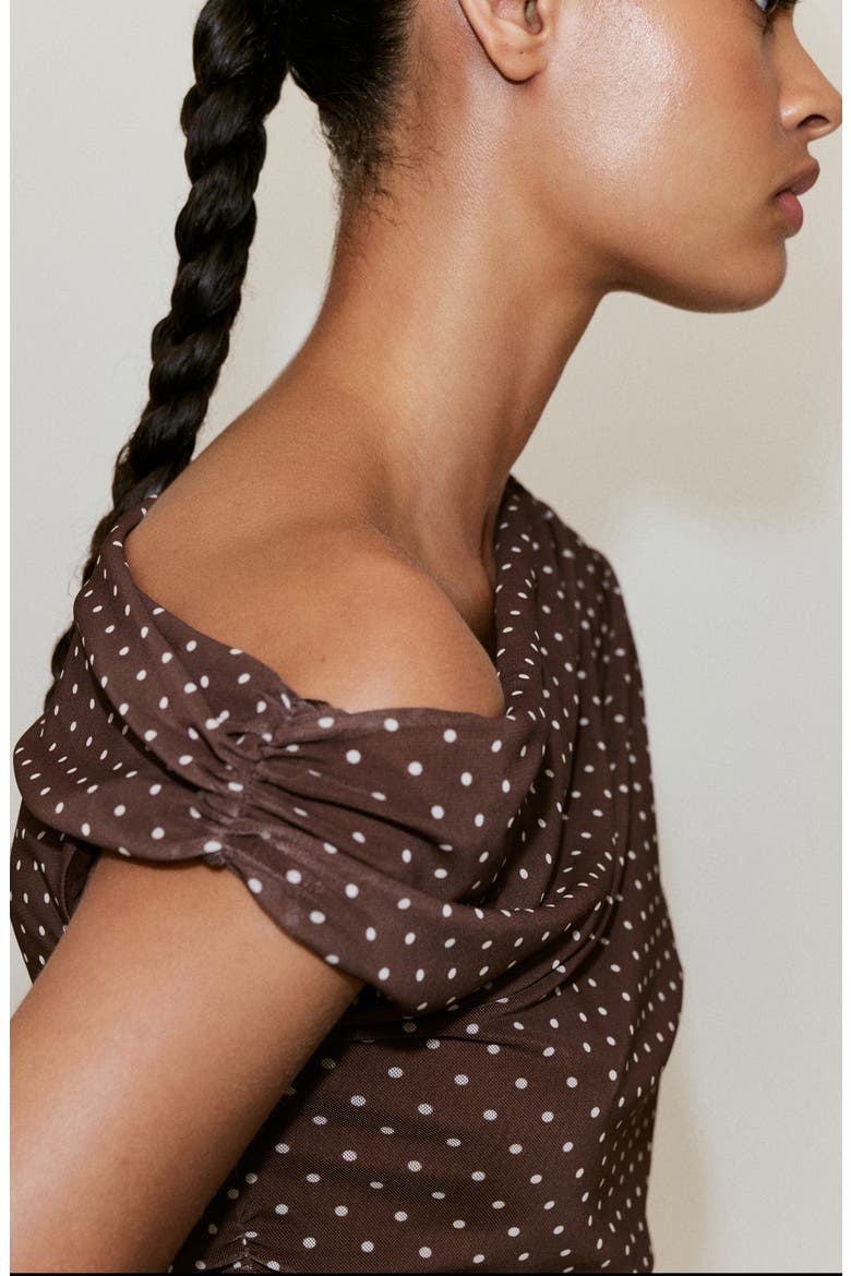 Asymmetrical Polka Dot Off the Shoulder Mesh Top, Alternate, color, BROWN