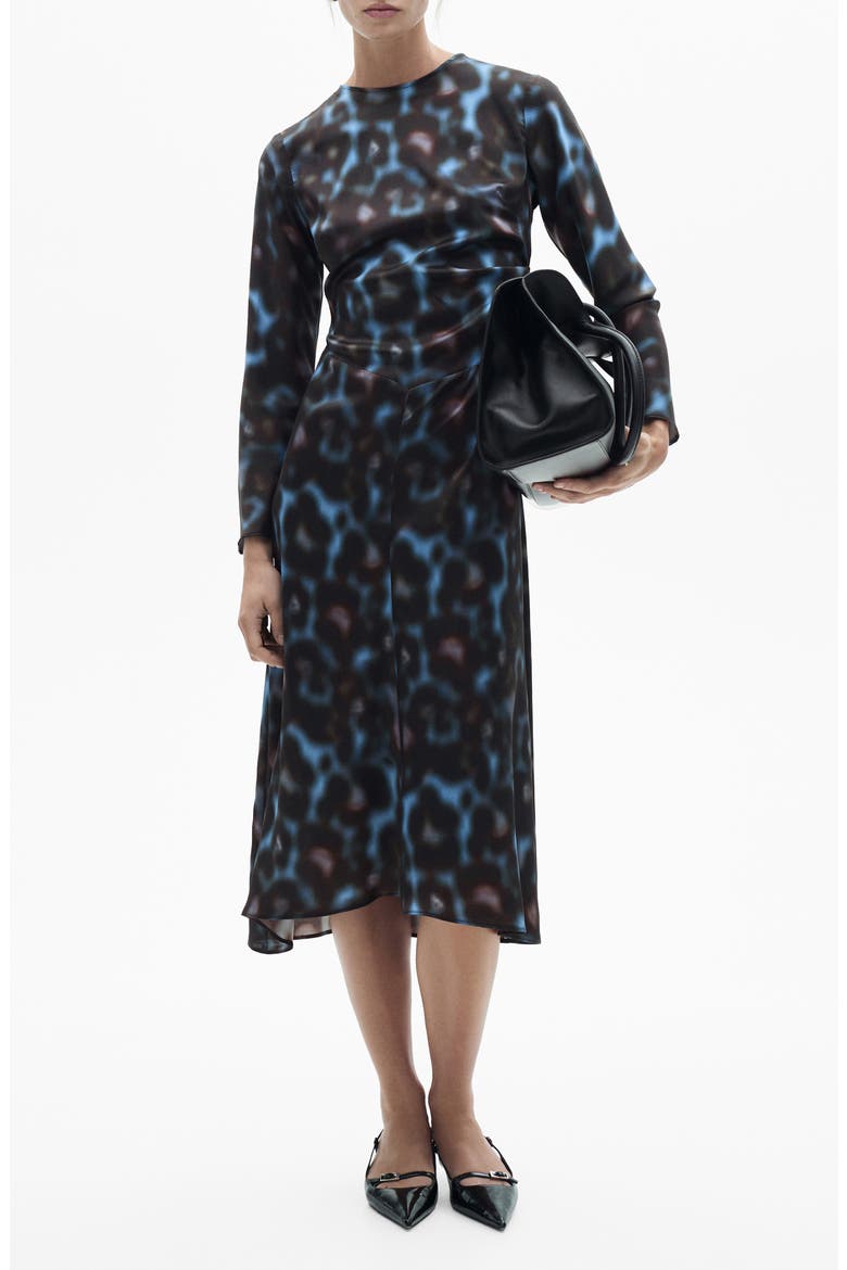 Draped Long Sleeve Satin Midi Dress, Main, color, BLUE