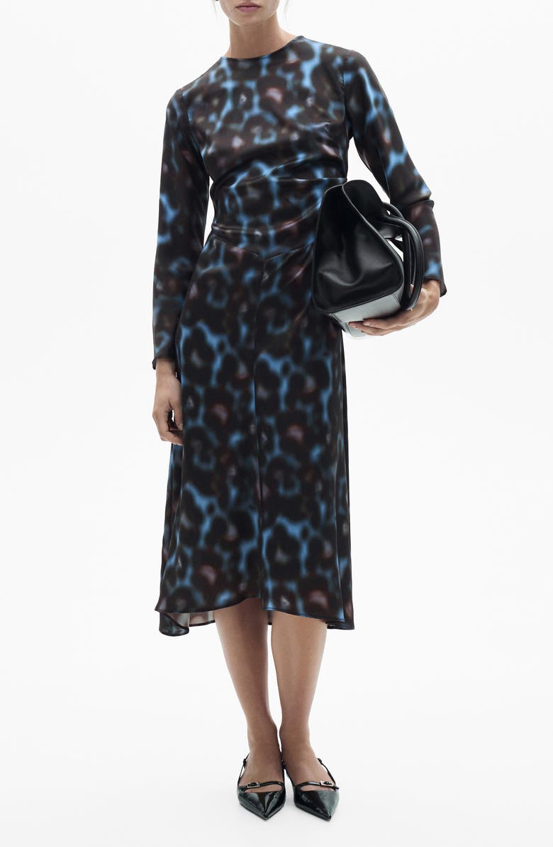 MANGO Draped Long Sleeve Satin Midi Dress, Main, color, Blue