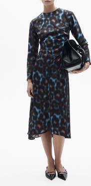 MANGO Draped Long Sleeve Satin Midi Dress